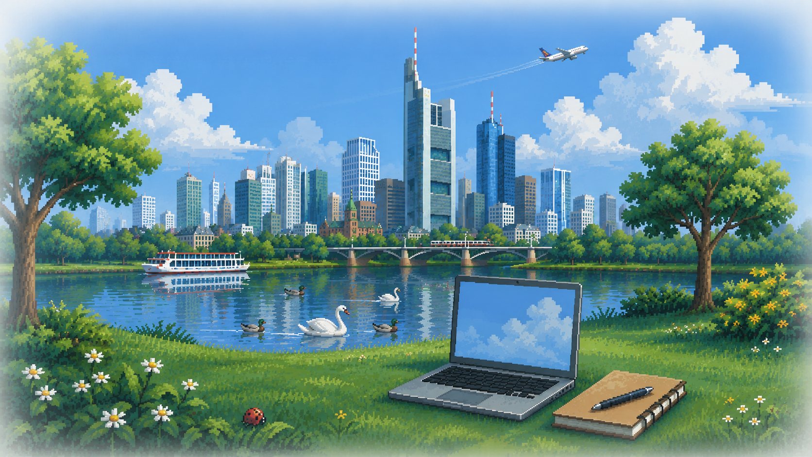 Pixelart-Illustration: Frankfurter Skyline mit Main, Schwänen, Wiese, Laptop und Notizbuch im Vordergrund
